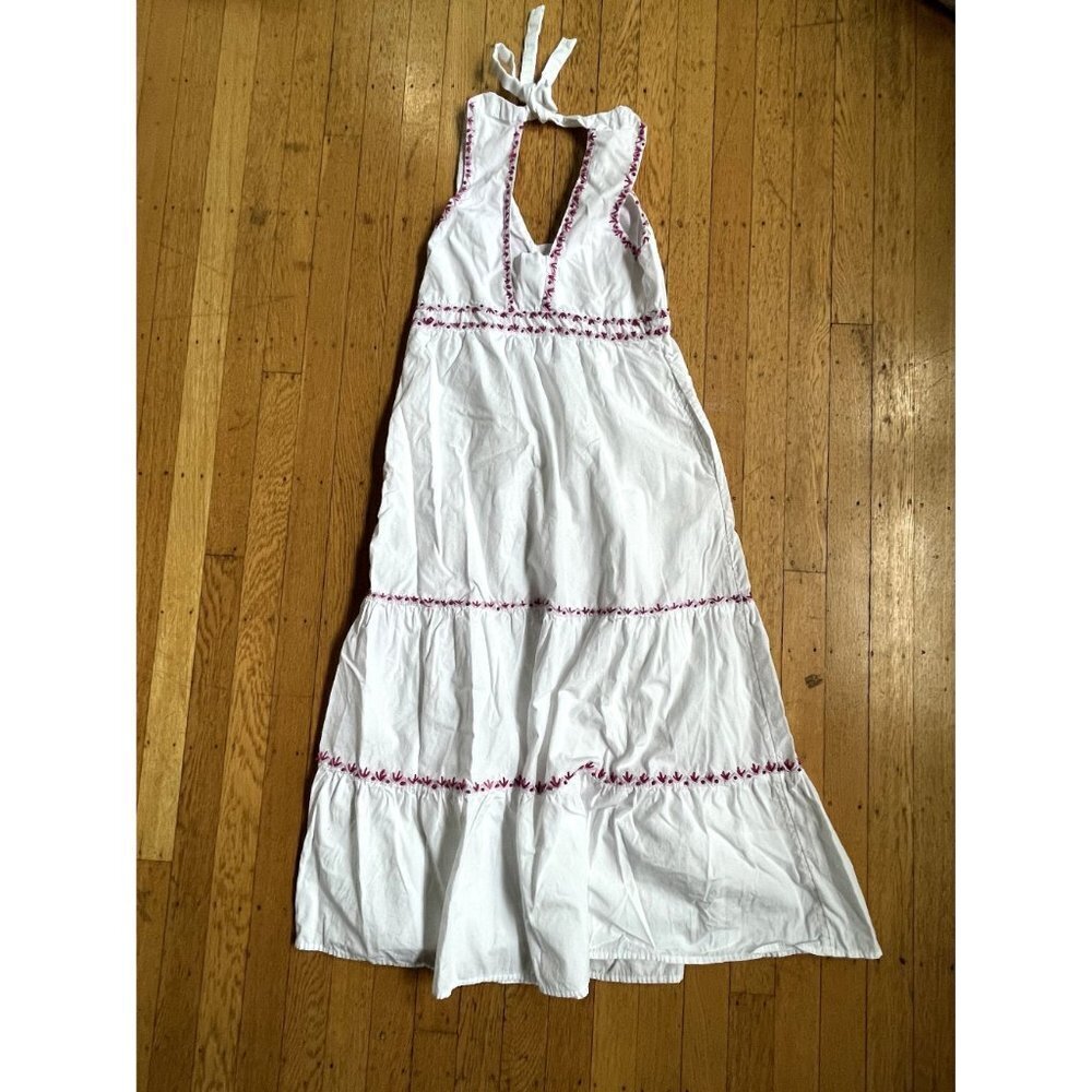 Anthropologie White Midi Dress with Pink Embroidery